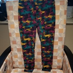 LuLaRoe Dachshund Doxie Green/Gold/Purple Abstract Print Leggings Size OSFM